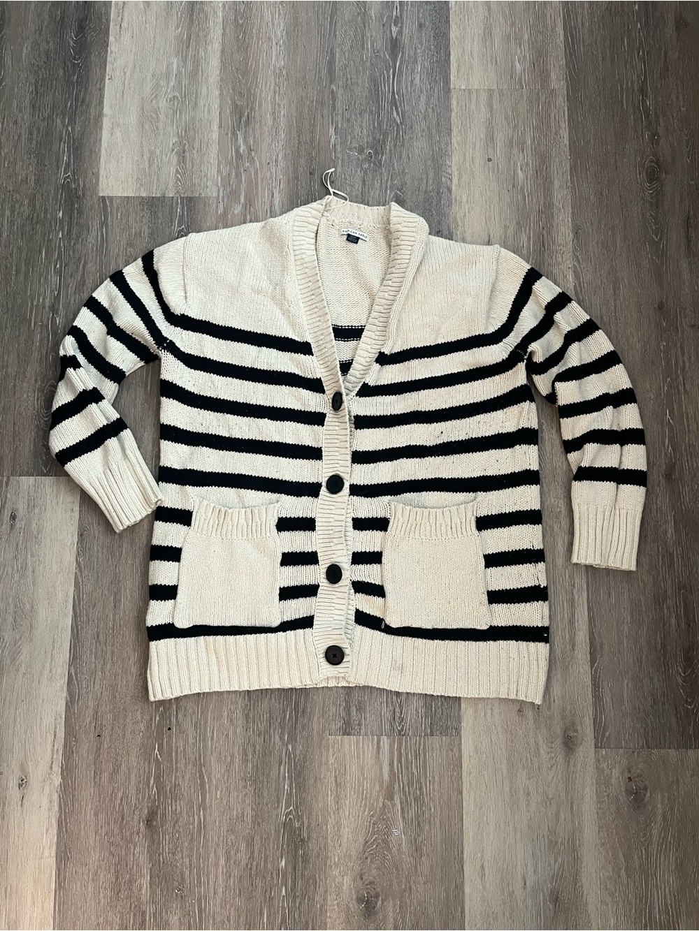 American Eagle Cardigan Womens Medium Ivory Black Striped Knit Shawl Collar